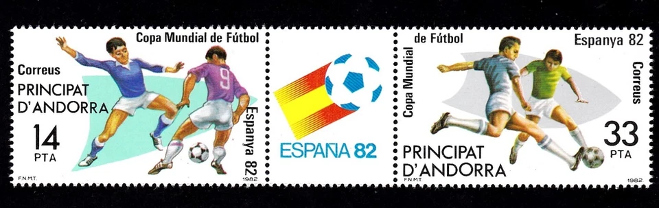 SPANISH ANDORRA #145-146a MNH 1982 WORLD CUP SOCCER SET OF 2 + LABEL - Image 1 of 1