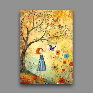 ACEO Artist Trading Card 2.5x3.5 Girl Butterfly In Whimsical Forest No School - Picture 1 of 3