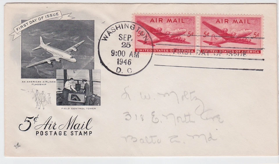 TurtlesTradingPost- 5 Cent Airmail 1946 FDC #C32 Artcraft Cachet Horizontal Pair - Image 1 of 1