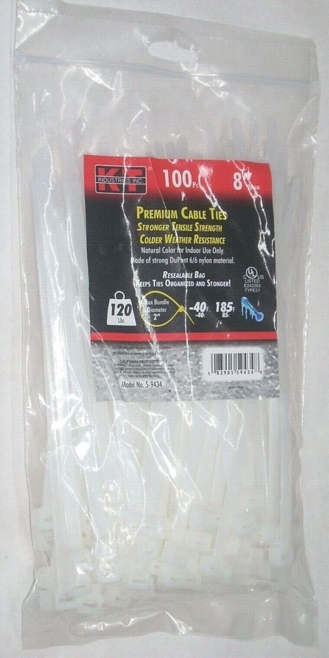 Bridas de cable blancas premium KT Industries 5-9434 8" de largo 120 lb tapa paquete de 100 Foto 1 de 1