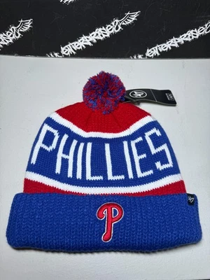 NWT '47 Brand Philadelphia Phillies Wordmark Script Blue Red Beanie Pom Knit Hat - Image 1 of 2