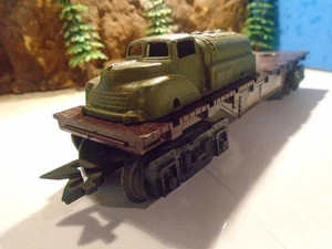 MARX FLAT CAR S0U 51100 WITH GAS TRUCK LOAD, TRUCK MISSING WHEELS     5-220-5 - Picture 1 of 18
