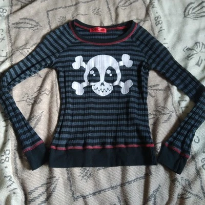 Vtg Y2k Ruby Gloom Velvet Skull Striped Shirt XS Hot Topic Mall Goth Emo Scene S - Image 1 of 4