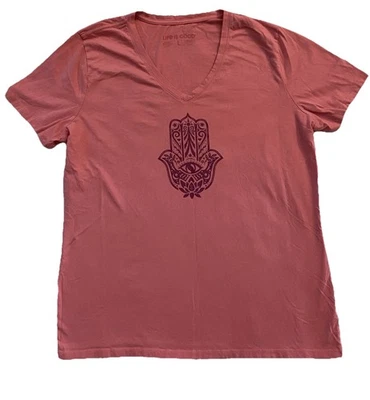 Camiseta Life is Good Top Mujer Grande Calce Clásico Camiseta Cuello en V Hamsa Rosa Melocotón Foto 1 de 4