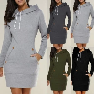 Mini Hooded Women's Dress Casual Long Sleeve Hoodies Sweatshirt Tops Slim Jumper - Picture 1 of 11