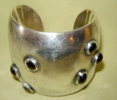 Holloware Three Dimensional Silverplated Cuff Bracelet Studded with Six Garnets - Image 1 of 4