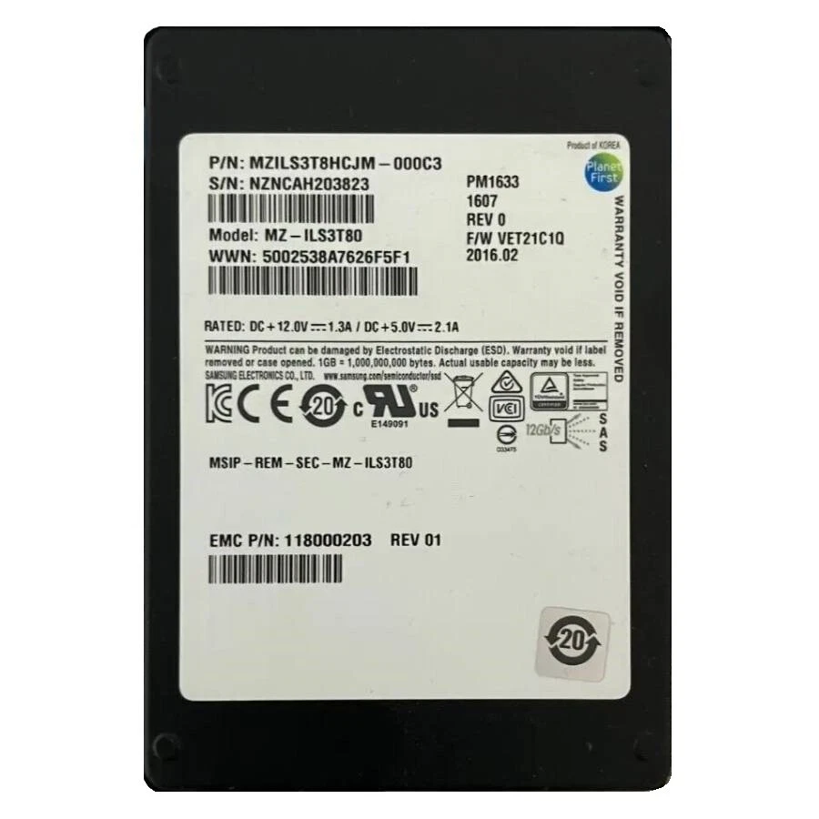 Samsung PM1633 3.84TB SSD 2.5" SAS 12Gbps MZ-ILS3T80 MZILS3T8HCJM-000C3 - Image 1 of 1