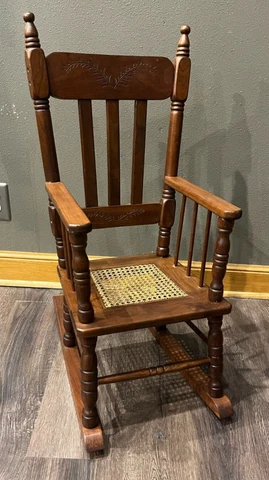 Antique Children’s Solo Solid Oak Rocking Chair with Wicker Seat | Very Nice Cover