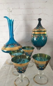 VTG Italian Venetian Murano Aqua Blue Glass Gold Gilt Red Jewel Decanter Set - Bild 1 von 17