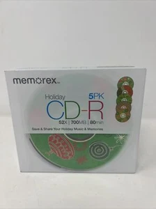 BRAND NEW CD-R 5-Pack 52x 700MB 80 Minute Memorex Wrapped NIB Holiday pattern - Picture 1 of 2