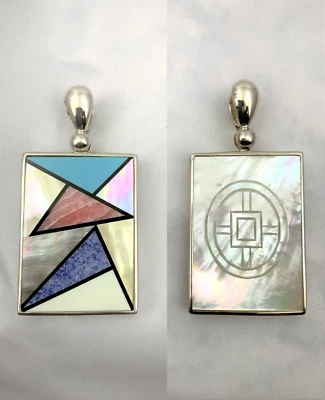 BIG BOLD STERLING SILVER REVERSIBLE ENHANCER MOP & MULTI-STONE PENDANT NEW - Image 1 of 4