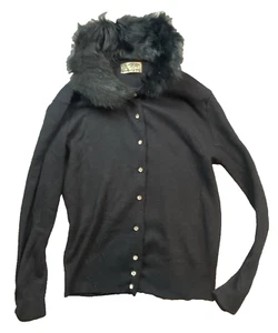 Vintage Black Orlon Cardigan Sweater Faux Fur Collar Rhinestone Buttons - Picture 1 of 10