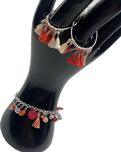 Braccialetto Ciondolo Etnico Vintage Fatto a Mano Rosso Rosa & Orecchini Cerchio Regalo di San Valentino