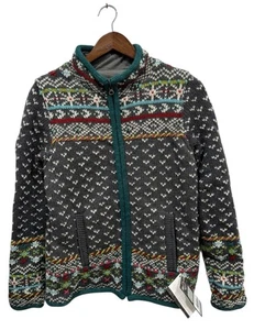 Suéter tejido Fair Isle de lana lavandería para mujer M chaqueta nórdica cremallera completa copo de nieve - Imagen 1 de 12