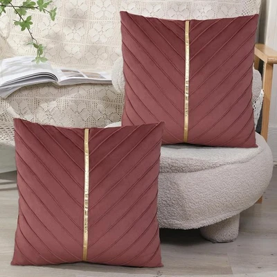 Set of 2 Velvet Cushion Cover with Gold Leather Pillowcase Farmhouse Throw Pill - Image 1 of 4