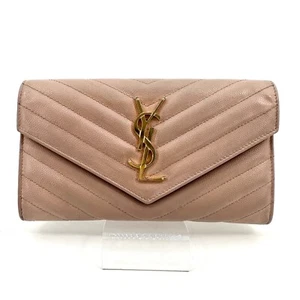 Saint Laurent Long Flap Wallet Leather V stitch Pink YSL Authentic #776 - Picture 1 of 13