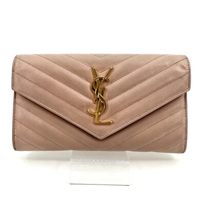 Saint Laurent Long Flap Wallet V stitch YSL Leather Pink Authentic #776 - Image 1 of 4