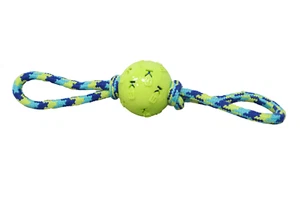 Dog Chew Toy Rubber Ball w/ Rope On Either Side For Pulling, Tugging Playing Fun - Picture 1 of 4