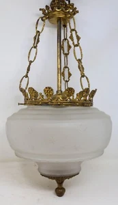 Vintage Hanging Light Fixture Hollywood Regency Crowned Frosted Glass Rewired - Picture 1 of 24