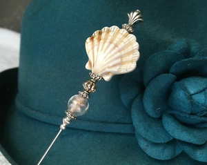 TAN CERAMIC SEA SHELL HATPIN in Silver Finish Setting on Strong 8 inch Steel Pin - Picture 1 of 11