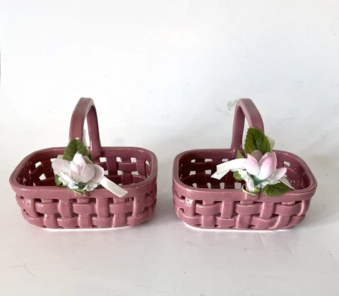 Vintage ENESCO Pink Ceramic Woven Picnic Easter Basket LOT of 2 Floral Accents Cover