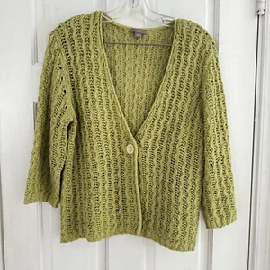 J Jill Open Knit Button Front Green Cardigan Sweater Sz Large Grandmacore - Picture 1 of 9