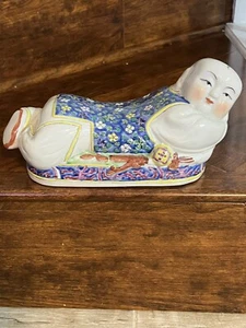 Vtg Chinese Asian Porcelain Ceramic Headrest Opium Pillow Colorful Floral Blue - Picture 1 of 5