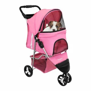 Dog Cat Pet Travel Stroller Folding Carrier Storage Basket Light Weight Pink NEW - Picture 1 of 4