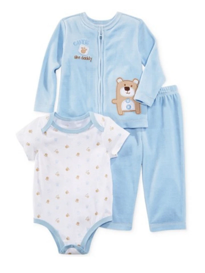 First Impressions Infant Boys Blue Velour Bear Set Pants Shirt & Sweater - Image 1 of 1