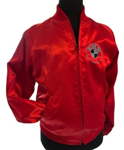 Vintage Red Satin Bomber Jacket BMW Men's Medium The  Leather Works USA 70s 80s - Picture 1 of 9