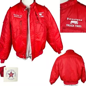 True Vintage Firestone Puffer Jacket XL Red Nylon Trucker Full Zip Bomber USA - Picture 1 of 19