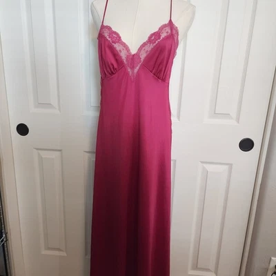 Vintage Lingerie Maxi Slip Dress Burgundy Lace Trim Spaghetti Strap Long - Image 1 of 4