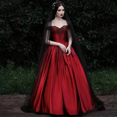 Vestidos de novia góticos rojos sin tirantes mancha vestido de baile hasta el suelo vestidos de novia Foto 1 de 4