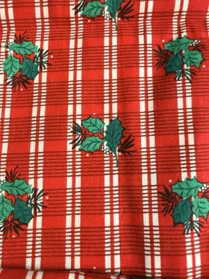 Vintage Quilt Fabric Christmas Holly Leaves On Red And White Plaid 44 x 2 Yards - Image 1 of 3
