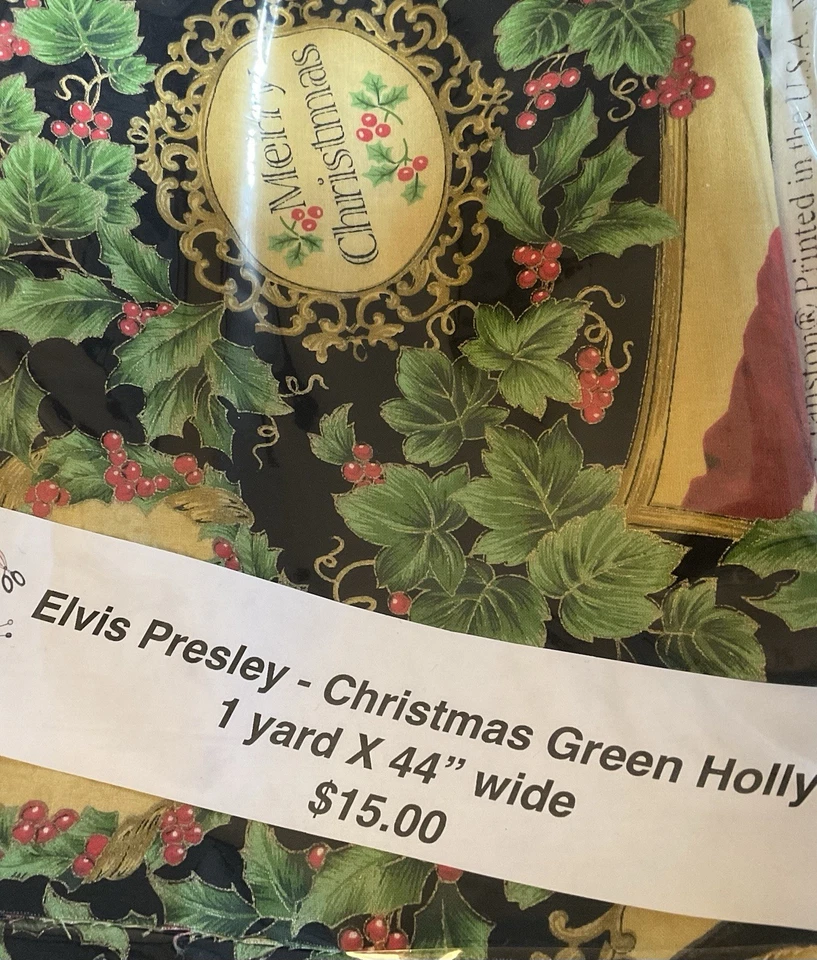 ELVIS PRESLEY NUEVO Tela de Navidad de Algodón VIP Cranston Acebo Negro 1 Yarda Foto 1 de 1