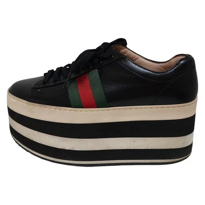 Auténticas zapatillas de plataforma de cuero GUCCI/Jerez 476783 cuero negro verde rojo - Foto 1 de 4