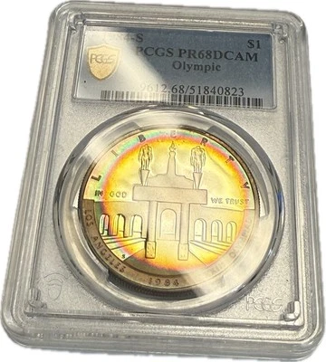 1984-S Olympic Commemorative Silver Dollar $1 PCGS PR68DCAM - RAINBOW TONED! - Image 1 of 2