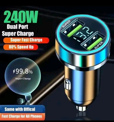 240W ✔Auto schnell Ladegerät 2x USB für IPhone Samsung Huawei Zigarettenanzünder - Bild 1 von 4