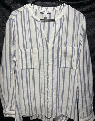 Camisa túnica Nine West para mujer de lino a rayas manga larga talla L ¡NUEVA SIN ETIQUETAS! Blanco/azul Foto 1 de 4