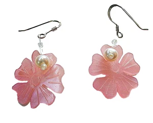 Real pink mother of pearl shell flower freshwater pearls 925 silver earrings - Picture 1 of 4