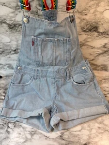 Levis Girls Size 16 Light Washed Denim Short Overalls with Rainbow Strap - Picture 1 of 5