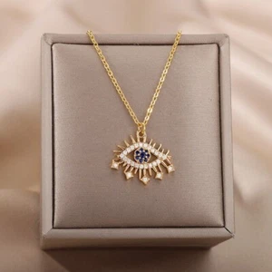 Trendy Women Fashion Jewelry Blue Evil Eye Sweater Chain Lucky Pendant Necklace - Picture 1 of 10
