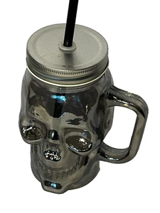 Tarro de cristal de calavera de Halloween ~ gris/negro/plateado transparente * beber * tapa - Imagen 1 de 10