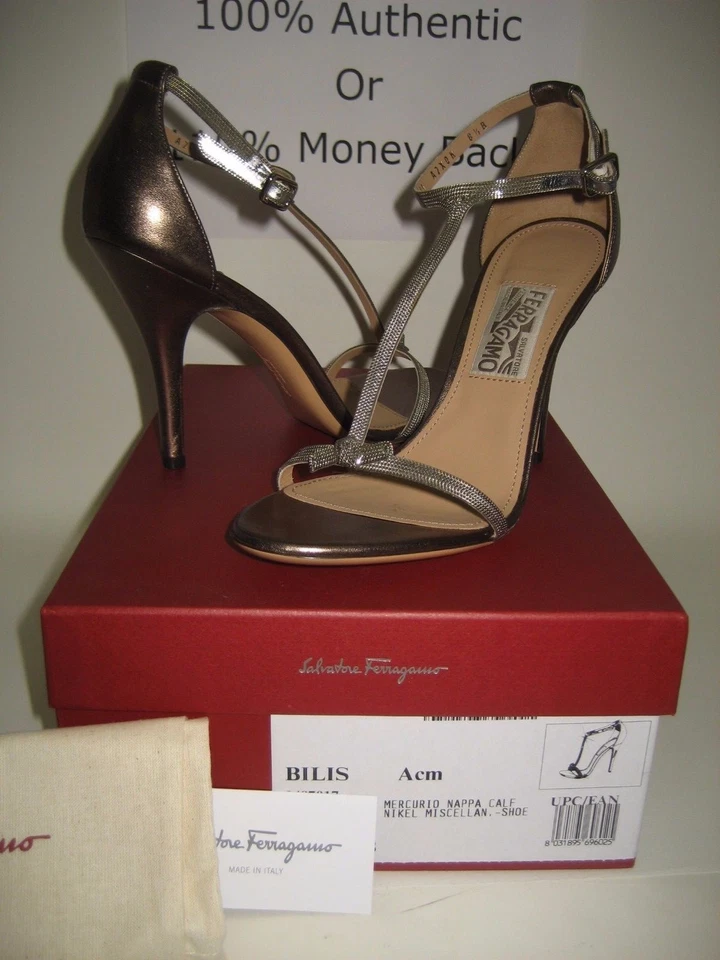 NUEVO Salvatore Ferragamo Bilis Cuero Metálico T-Trap Sandalias Tacones Altos Zapatos Foto 1 de 1