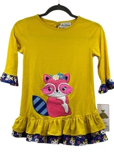 Rare Editions Girls Top Size 10 Yellow Embroidered Pink Raccoon NWT - Picture 1 of 3