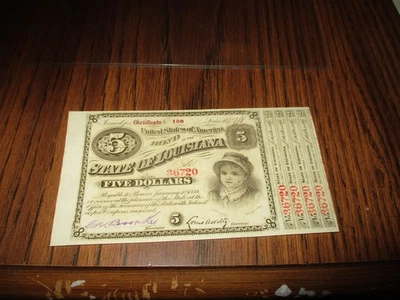 1880'S $5.00 STATE OF LOUISIANA "BABY BOND" WITH 4 INTEREST COUPONS - Image 1 of 2