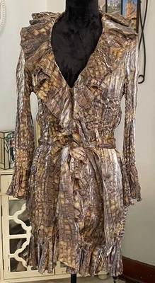 Alberto Makali Ruffle Belt Jacket Brown Shimmer Reptile Croc Bell Sleeve Large - Image 1 of 4