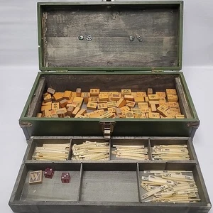 Antique Mah Jongg Mahjong Set 148 Bamboo Tiles Bone Sticks In Case - Picture 1 of 13