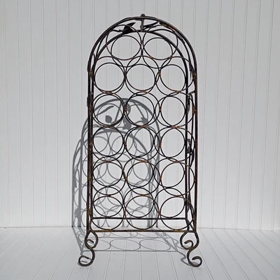 高葡萄酒架黑色金色锻铁带葡萄叶可容纳17瓶复古 — 第 1/4 张图片