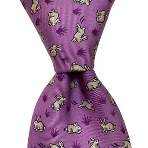 Corbata de seda XL para hombre HERMES 5459 FA FRANCIA CONEJOS de lujo púrpura/gris usada en excelente estado rara - Imagen 1 de 4